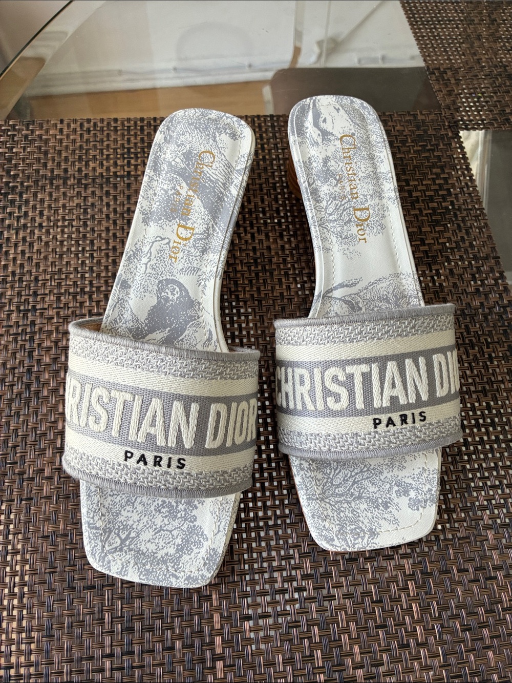 Dior Gray Dway kitten heel Embroidered Logo Slide Sandals size 38
